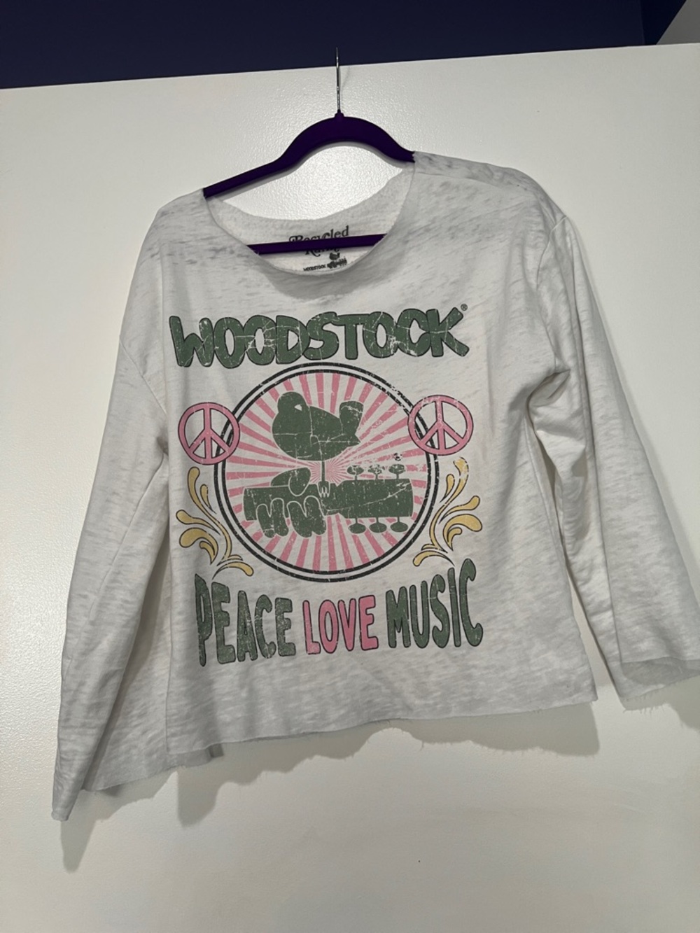 Recycled Karma White Woodstock "Peace Love Music" Long Sleeve Top